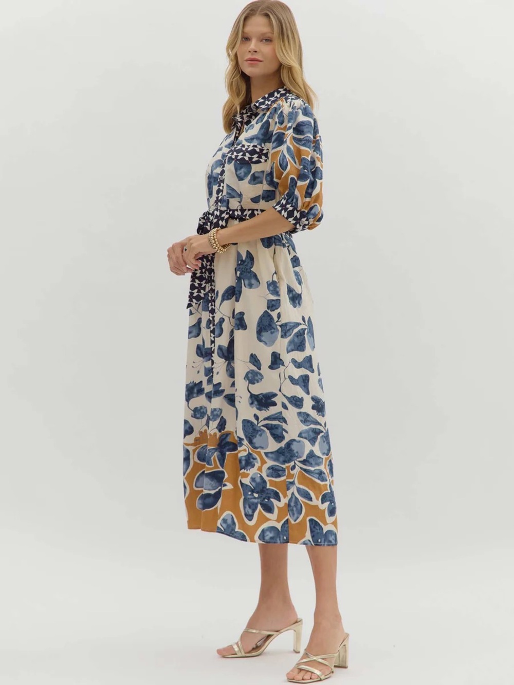 Entro Slate Blue Botanical Midi Shirt Dress with Tie Waist